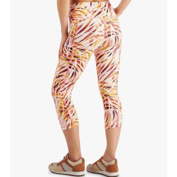 NEW Ideology Performance Printed Crop Leggings XL Pink Yellow High Rise Pockets - Picture 2 of 6